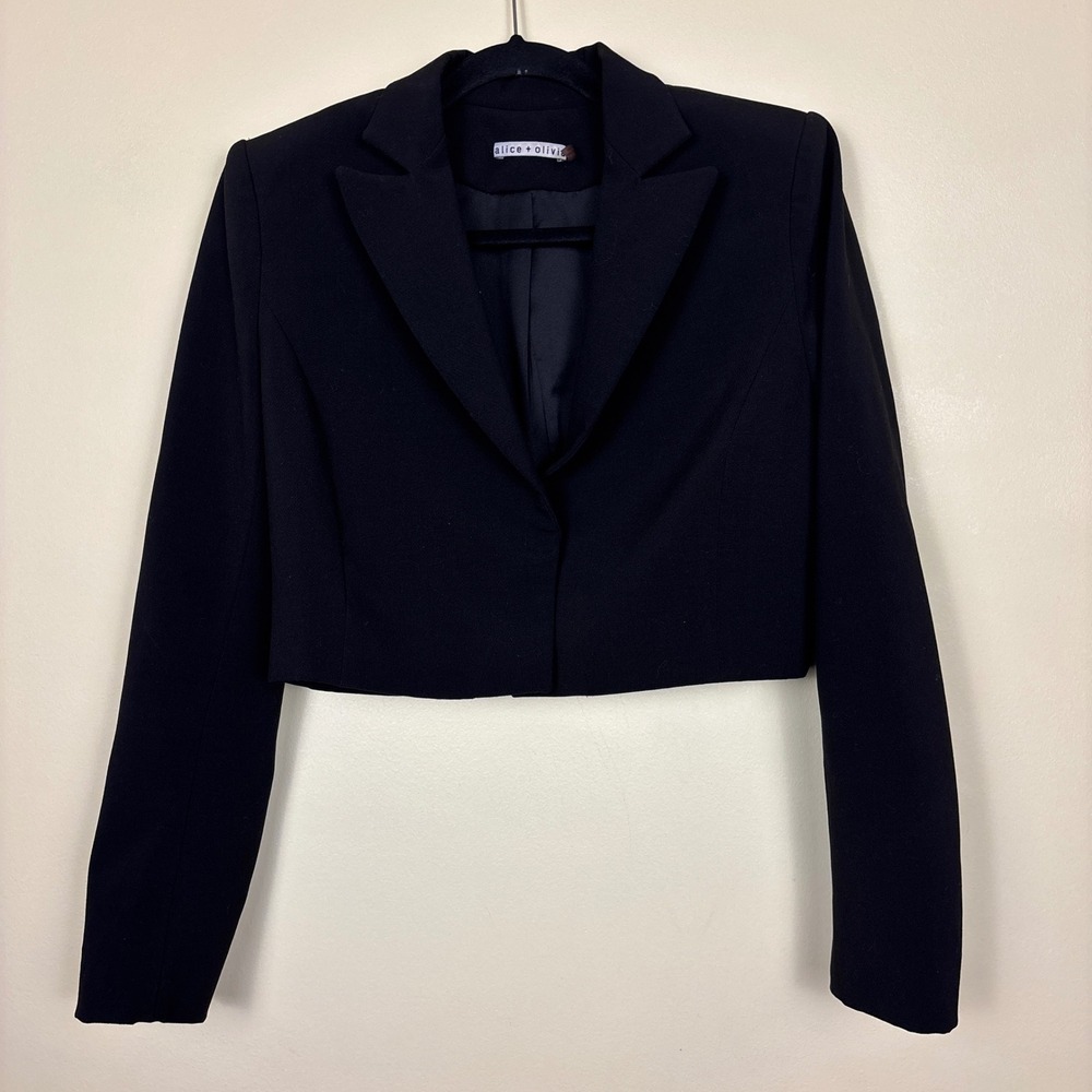 ALICE + OLIVIA Cropped Blazer Black Womens Size 10 Snap Front Office Business - Picture 2 of 9